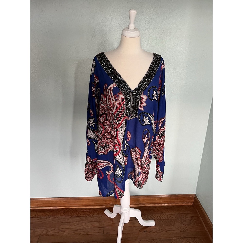 Melissa Paige Woman Sz 3X‎ Embellished Blue Paisley Blouse Pullover TUNIC BOHO